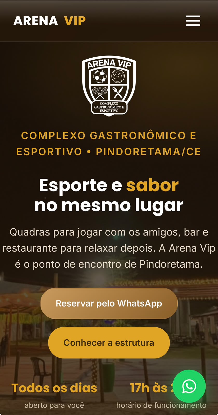 Site da Arena Vip exibido em um celular